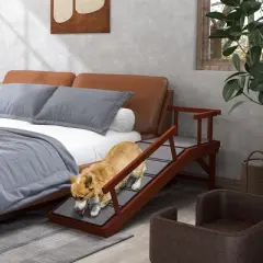 PawHut Dog Ramp, Dog Stairs for Small, Medium, Large Dogs, Pet Stairs for Bed, Couch, with Removable Guardrails, Non-Slip Surface, Brown