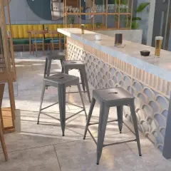 Emma and Oliver 4 Pack 24"H Backless Clear Coated Metal Indoor Counter Height Stool w/ Square Seat