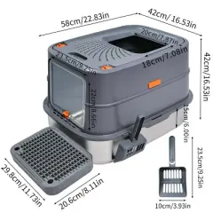 Artloge Extra Large Enclosed Stainless Steel Cat Litter Box High Side Anti-Leakage Pet Cat Toilet Front Entry Top Exit Box with Pedal Mat, Tray& Scoop