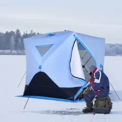 Outsunny 4 Person Ice Fishing Shelter with Padded Walls, Thermal Waterproof Portable Pop Up Ice Tent with 2 Doors, Light Blue