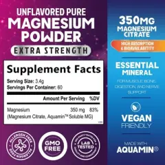 Magnesium Powder Supplement Magnesium Citrate & Aquamin Magnesium - Magnesium Citrate Powder Drink Mix, 60 Servings By Health Nutrition Naturals
