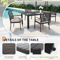 UNISOAR 5PC  Outdoor Dining Table Aluminum Furniture Set, Modern Rectangular Dining Table with 4 Chair, Sunbrella Fabric Cushion