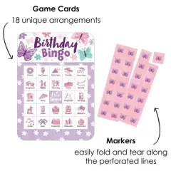Big Dot of Happiness Beautiful Butterfly - Picture Bingo Cards and Markers - Floral Birthday Party Shaped Bingo Game - Set of 18