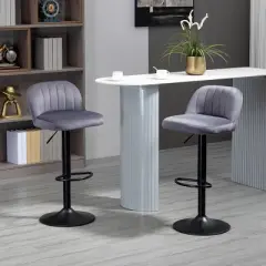 HOMCOM Adjustable Bar Stools Set of 2, Velvet Counter Height Barstool, Upholstered Kitchen Stool with Swivel Seat, Steel Frame, Footrest, &lrm;Gray
