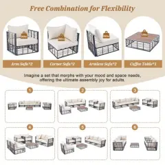 7-Piece Outdoor Metal Modular Sectional Sofa Set with Coffee Table and Chairs, Free Combination