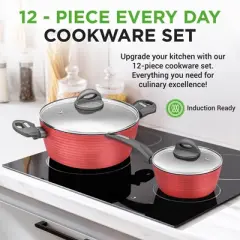 NutriChef Ridge Line Nonstick Kitchen Pots and Pans, 12 Piece Set, Red