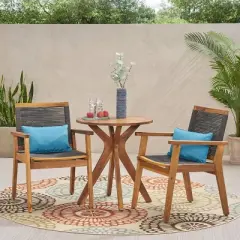 3pc Mcgill Patio Acacia Wood Bistro Set - Teak/Dark Gray - Christopher Knight Home: Mesh Back, Iron Hardware, Water-Resistant
