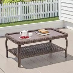 Outdoor Wicker CoffeeTable Patio Coffee Tables for Outside, Tempered Glass Top Wicker Table with Storage Coffee Table for Patio Balcony Porch Deck