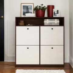 VANIRROR Freestanding Shoe Storage Cabinet with 4 Flip Drawers, Wooden Handles, Anti-Tip Fitting, Entryway & Hallway Organizer