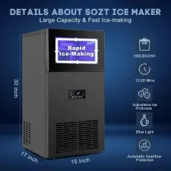 RAPSUAR 15in. 130LBS/24H Freestanding Ice Maker in Stainless Steel with 35LBS Storage Bin