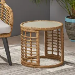 Boho Rattan Side Table with Tempered Glass Top,Round Accent Table for Living Room,Entryway or Sofa-Maison Boucle