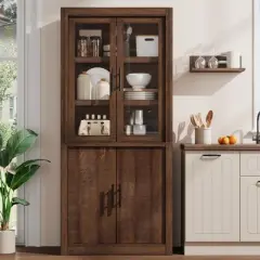 Garvee Tall Kitchen Pantry, Wood Pantry Storage Cabinet with 4 Doors & Adjustable Shelves, Farmhouse Freestanding Pantry Cupboard for Dining