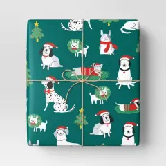 30" 50 sq ft Christmas Roll Wrap Illustrated Dogs on Green - Wondershop&trade;