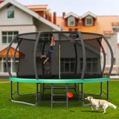 NAYSAYE Trampoline 14FT with Enclosure Ladder AntiRust Coating ASTM Approved Outdoor for Kids, Green, 168.11"*168.11"*107.87"