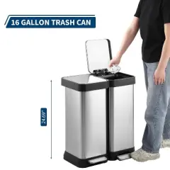 Acekool 60L Dual Compartment Trash & Recycling Bin, Soft-Close Lid, Stainless Steel Step Pedal Garbage Can, Space Saving for Kitchen & Office