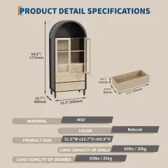 CuisinSmart 70'' Arched Cabinet with Glass Doors, 3 Storage Drawers & Adjustable Shelf, Freestanding Wooden Pantry Cabinet for Living Room, Bedroom