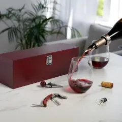 True Cherry 1-Bottle Wine Accessories Gift Set | Premium Corkscrew Opener Kit, Drip Ring, Wine Pourer, Stopper in Wood Case with Padded Insert, Brown