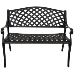 Sunnydaze 2-Person Checkered Design Cast Aluminum Outdoor Patio Bench, Black