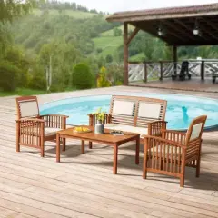 Lyndon 4pc Eucalyptus Wood Outdoor Conversation Set with Bench, Chairs & Table - Alaterre Furniture