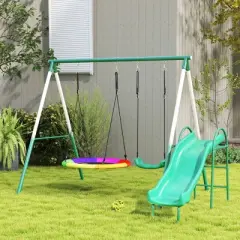 Qaba Metal Swing Set with Slide, Heavy Duty Swing Set with Saucer Swing Seat, Heavy Duty A-Frame Metal Stand for Kids Ages 3-8, Dark Green