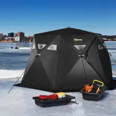 Outsunny 4 Person Insulated Ice Fishing Shelter 360-Degree View, Pop-Up Portable Ice Fishing Tent with Carry Bag, Two Doors and Anchors, Black