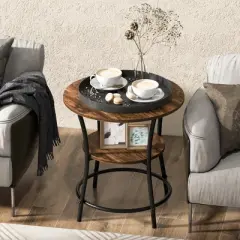 Tangkula 2-Tier Side Table Compact Round Metal Frame Coffee Table w/ Open Shelf Brown