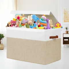 Aoibox Large Toy Storage Box with Lid Beige White 25x13x16 Inch Foldable Organizer Chest with Dividers for Kids Room