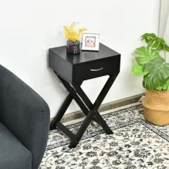 Tangkula Modern Versatile Nightstand X-shape Wooden End Table with Drawer Accent Side Table for Bedroom Black/White