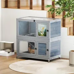 AZL1 Life Concept Pet Crates and Houses 2-Story Wooden Rabbit Hutch with Wheels Trays, Bunny Cage Home with Ramp, Gray, 35.43"*19.69&rdquo;*36.61"
