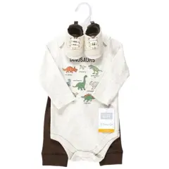 Hudson Baby Infant Boy Cotton Long-Sleeve Bodysuit, Pant and Shoe Set, Dinosaur Adventures