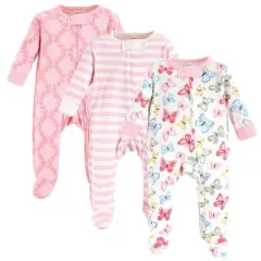 Touched by Nature Baby Girl Organic Cotton Zipper Sleep and Play 3pk, Butterflies