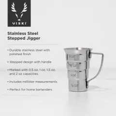 Viski Stepped Jigger With Handle, 4 Measurement Markings, Measuring Cup for Cocktail Recipes, 0.5 oz, 1 oz, 1.5 oz, & 2 oz, Stainless Steel, Silver