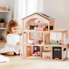 ROBOTIME Dollhouses Wooden Doll House, Toy Furniture Set, Toddler Doll House for 3 Year Old, Kids Doll House ,Girls Gifts, Black, 11.6"*31.5"*27.4"