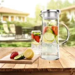 Glass Pitcher-50oz. Carafe with Stainless Steel Filter Lid- Heat Resistant to 300F-For Water, Coffee, Tea, Punch, Lemonade and More by Classic Cuisine