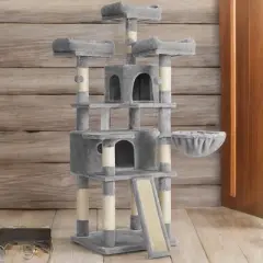 Cat Tree, Large Cat Tower, Cat Condo with Scratching Posts, Board, 2 Caves, 3 Plush Perches, Activity Center, 66.5 Inches