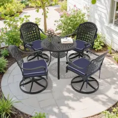 5-Piece Round Cast Aluminum Patio Set with Swivel Chairs,Blue Cushions,and Umbrella Hole