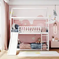 House Shape Twin Over Twin Bunk Bed with Slide - ModernLuxe