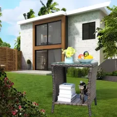 NAYSAYE Patio End Table Wicker Coffee Table with Clear Tempered Glass for Outdoor Spaces, Brown, 19.25"*19.25"*21"