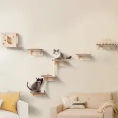 VEVOR Wall Mounted Cat Shelves, Cat Wall Shelves and Perches with Jumping Boards, Nest, Barrier Board & Cat Tree, Beige