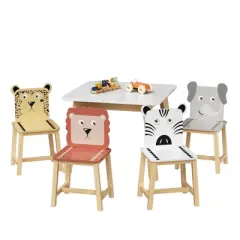 Yinvani 5 Piece Kiddy Table and Chair Set , Kids Wood Table with 4 Cartoon Animal Chairs for 3-8 years old