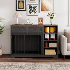 47" Dog Crate Furniture with Storage Drawers & Shelves, Indoor Dog Kennel TV Stand for Large Dogs, Wood & Metal Dog Cage