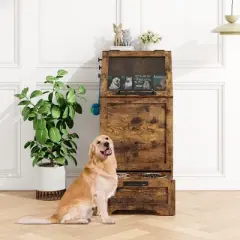 Dog Feeding Station with 2 Elevated Bowls & Food Storage Cabinet &ndash; Flip-Top Pet Feeder with Pull-Out Drawer, Stainless Steel Bowls, Brown