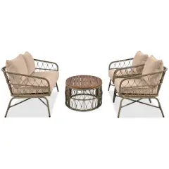 4pcs Outdoor Seating Group, Patio Conversation Set With Removable Cushions, Wood Tabletop, Beige -ModernLuxe