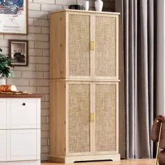 Pantry Cabinet, Kitchen Storage Cabinets with Doors and Shelves, 72" Tall Farmhouse Rattan Pantries with Drawers for Dining Room, Living Room
