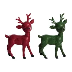 Transpac Red and Green Deer Set of 2 Decorative Resin Figurines for Christmas Indoor Tabletop Decor and Gifts