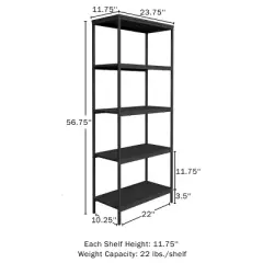 Lavish Home 5-Tier Open Industrial Style Wooden Bookshelf, Black Woodgrain