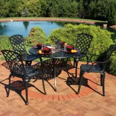 Sunnydaze Outdoor Crossweave Design Black Cast Aluminum Round Patio Dining Furniture Set with Table and Chairs, 5pc