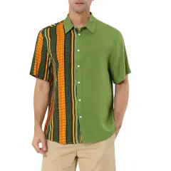 Lars Amadeus Men's Irregular Geometric Color Block Patchwork Button Down Short Sleeve Striped Shirts