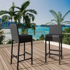 Garvee Patio Wicker Barstools With Cushions, Outdoor Wicker Bar Stools Set of 2, Rattan Bar Height Stool Set Armless for Backyard, Poolside