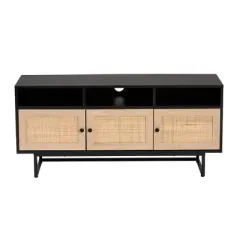 Declan Wood and Natural Rattan 3 Door TV Stand Espresso Brown/Black - Baxton Studio
